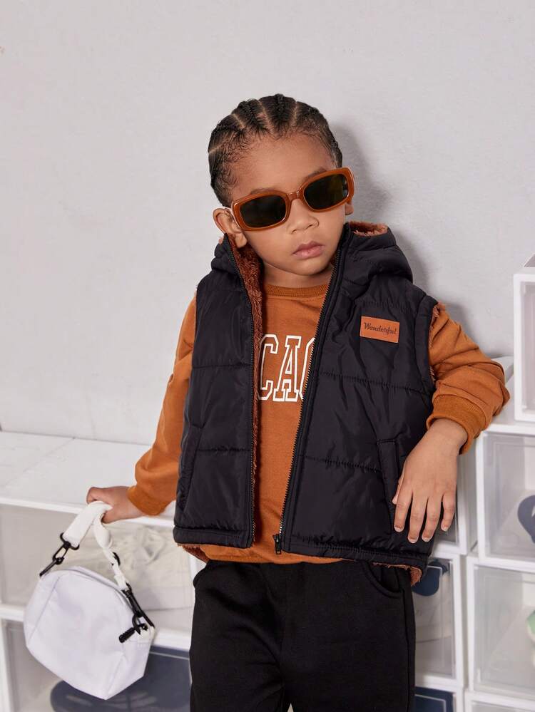 Young Boy Letter Patched Zip Up 3D Design Hooded Padded Coat Without Pullover