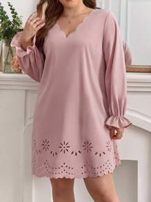SHEIN Frenchy Plus Solid Laser Cut Scallop Trim Dress - Dusty Pink - View 1