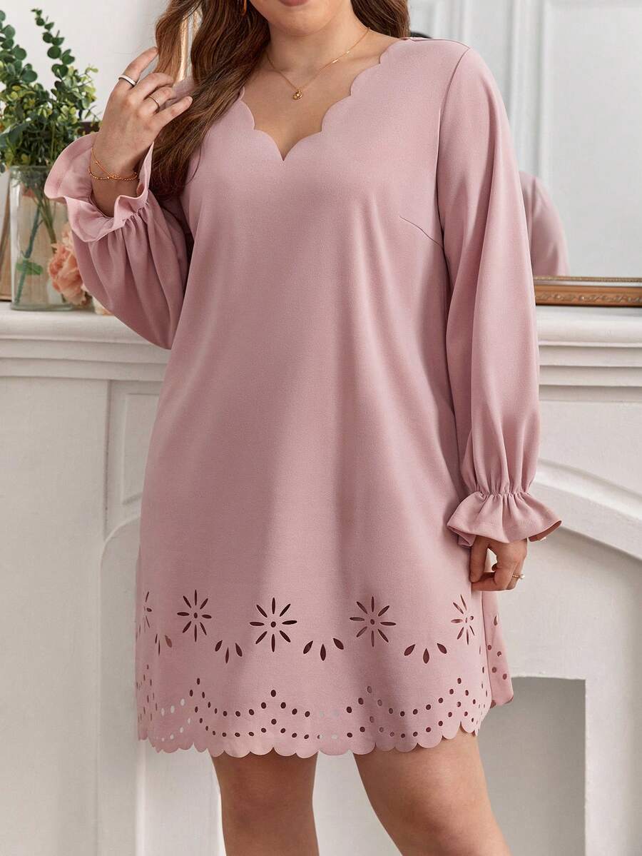SHEIN Frenchy Plus Solid Laser Cut Scallop Trim Dress - Dusty Pink - View 1
