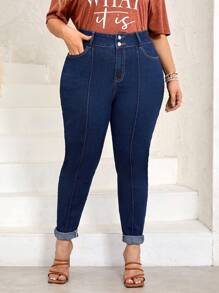 SHEIN LUNE Plus Solid Skinny Jeans - Medium Wash - View 4