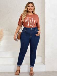 SHEIN LUNE Plus Solid Skinny Jeans - Medium Wash - View 5