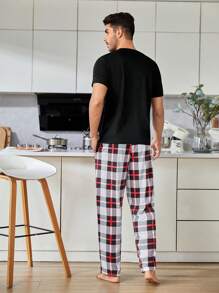 Men 1pc Solid Tee & 1pc Plaid Trousers PJ Set - Multicolor - View 2