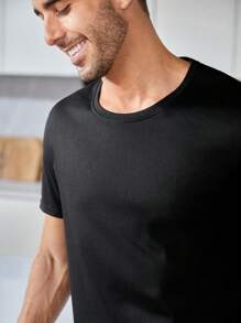 Men 1pc Solid Tee & 1pc Plaid Trousers PJ Set - Multicolor - View 4