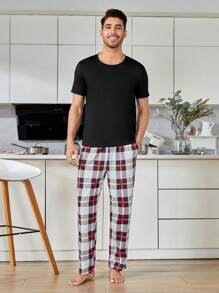 Men 1pc Solid Tee & 1pc Plaid Trousers PJ Set - Multicolor - View 5