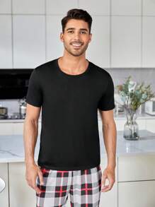 Men 1pc Solid Tee & 1pc Plaid Trousers PJ Set - Multicolor - View 7