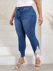 SHEIN LUNE Hơn Giấy dán hoa văn Lace  Quần jean ôm - Rửa trung bình - Xem 3