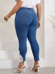 SHEIN LUNE Hơn Giấy dán hoa văn Lace  Quần jean ôm - Rửa trung bình - Xem 2