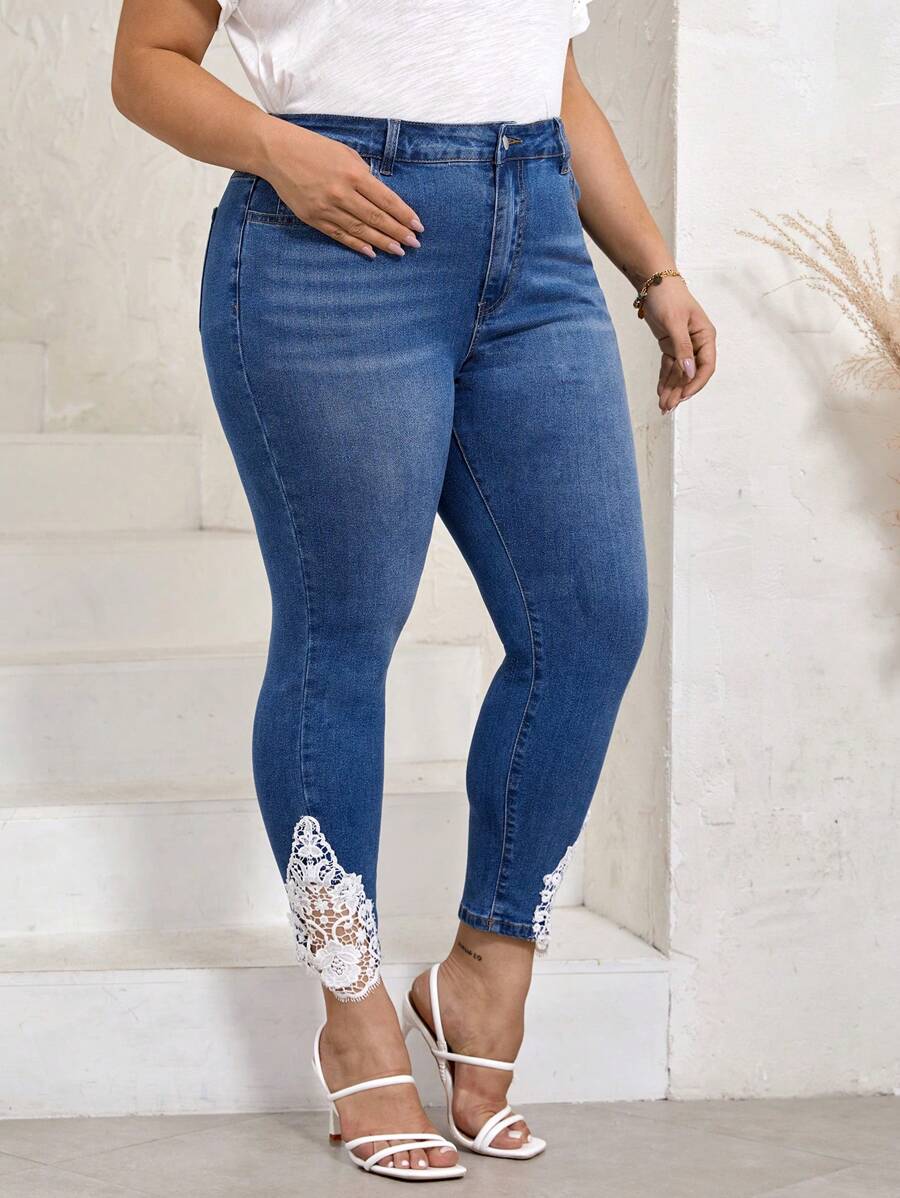 SHEIN LUNE Hơn Giấy dán hoa văn Lace  Quần jean ôm - Rửa trung bình - Xem 1