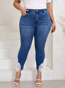 SHEIN LUNE Hơn Giấy dán hoa văn Lace  Quần jean ôm - Rửa trung bình - Xem 4