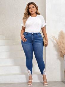 SHEIN LUNE Hơn Giấy dán hoa văn Lace  Quần jean ôm - Rửa trung bình - Xem 5