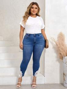 SHEIN LUNE Hơn Giấy dán hoa văn Lace  Quần jean ôm - Rửa trung bình - Xem 6