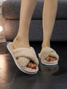Hàng mới đến Sang trọng Của phụ nữ Dép đi trong nhà Với Dây đai , Dép Fluffy - Màu be - Xem 3