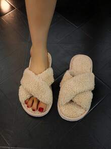 Hàng mới đến Sang trọng Của phụ nữ Dép đi trong nhà Với Dây đai , Dép Fluffy - Màu be - Xem 4