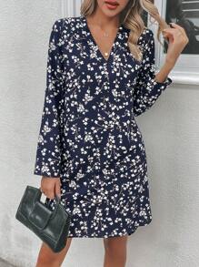 SHEIN LUNE Ditsy Floral Print V Neck Dress - Multicolor - View 1