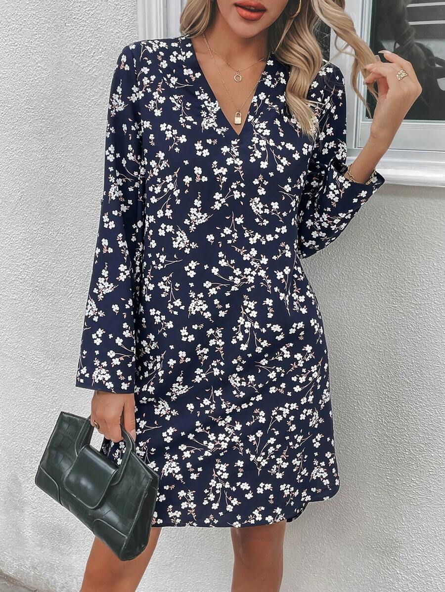 SHEIN LUNE Ditsy Floral Print V Neck Dress - Multicolor - View 1