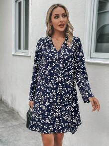 SHEIN LUNE Ditsy Floral Print V Neck Dress - Multicolor - View 3