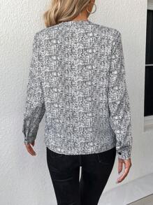 EMERY ROSE Allover Print Notched Neckline Shirt,Long Sleeve Tops