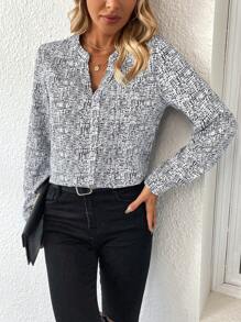 EMERY ROSE Allover Print Notched Neckline Shirt,Long Sleeve Tops