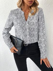 EMERY ROSE Allover Print Notched Neckline Shirt,Long Sleeve Tops