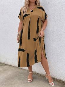 EMERY ROSE Vestido túnica de mangas de murciélago con estampado en brocha para tallas grandes