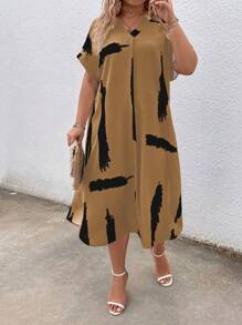 EMERY ROSE Vestido túnica de mangas de murciélago con estampado en brocha para tallas grandes