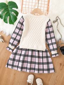 SHEIN Cô Gái Trẻ In kẻ sọc tay áo lá sen Váy 2 trong 1 - Nhiều màu - Xem 2