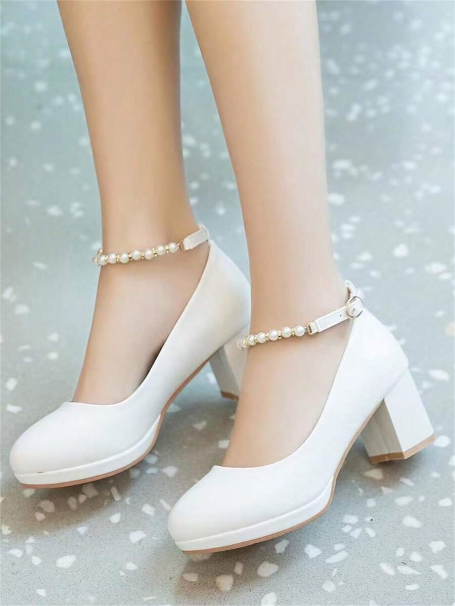New Fashion Spring/Autumn Women High Heel Shoes, Solid Color, Commuting, Bowknot, Waterproof Platform Pumps,Mary Janes - White - View 1