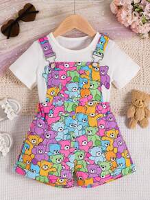 SHEIN Camiseta Gráfica De Dibujos Animados Y Pantalón Rompe Con Tirantes Para Niñas - Multicolor - Ver 1