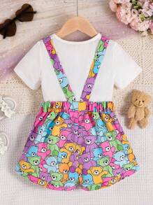 SHEIN Camiseta Gráfica De Dibujos Animados Y Pantalón Rompe Con Tirantes Para Niñas - Multicolor - Ver 2