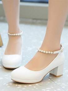 New Fashion Spring/Autumn Women High Heel Shoes, Solid Color, Commuting, Bowknot, Waterproof Platform Pumps,Mary Janes - White - View 5