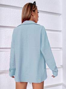 SHEIN Holidaya 素色落肩袖襯衫 - 淺藍色 - 查看 2