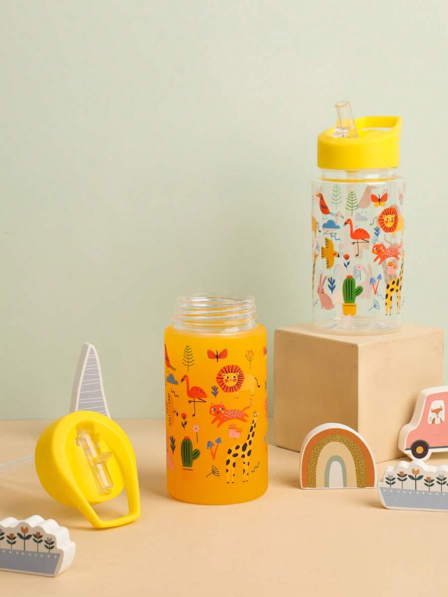 SHEIN 1 chai nước nhựa 450ml có thể tái sử dụng cho trẻ em có nắp ống hút chống rò rỉ dùng làm quà tặng Giáng sinh cho ngày lễ - Màu vàng - Xem 1