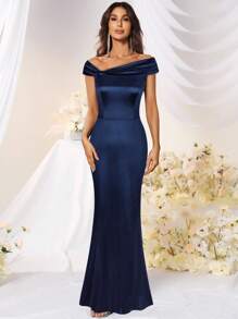 MUXXN Mermaid Hem Satin Prom Dress - Navy Blue - View 1