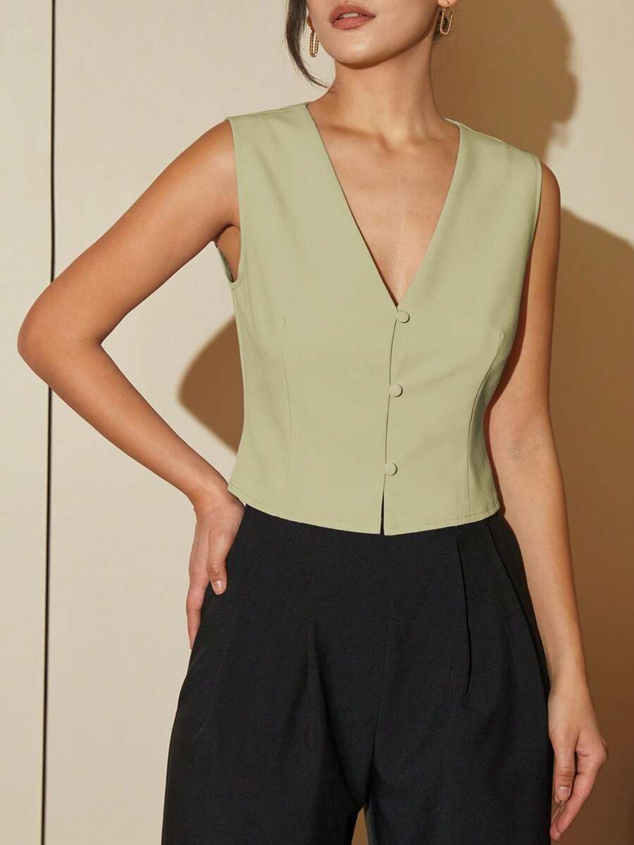 素色前紐扣馬甲西裝外套 - 薄荷綠 - 查看 1