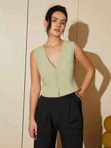 素色前紐扣馬甲西裝外套 - 薄荷綠 - 查看 3