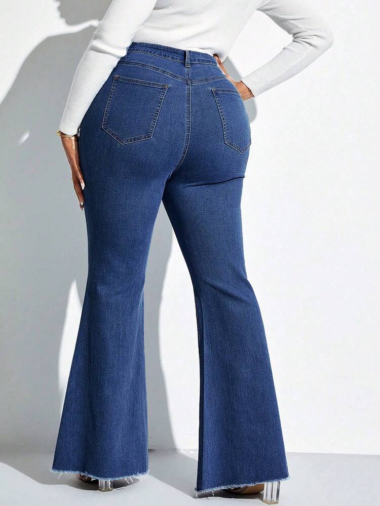 Plus Button Fly Raw Hem Flare Leg Jeans