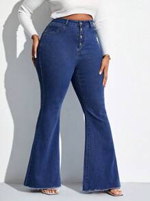 SHEIN SXY 大碼紐扣門襟毛邊牛仔喇叭褲 - 深色水洗藍 - 查看 4