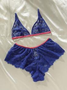 花卉蕾絲內衣套裝 - 寶藍色 - 查看 2