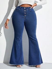SHEIN SXY 大碼紐扣門襟毛邊牛仔喇叭褲 - 深色水洗藍 - 查看 6