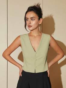 素色前紐扣馬甲西裝外套 - 薄荷綠 - 查看 8