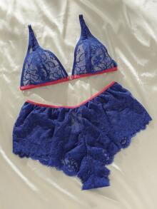 花卉蕾絲內衣套裝 - 寶藍色 - 查看 3