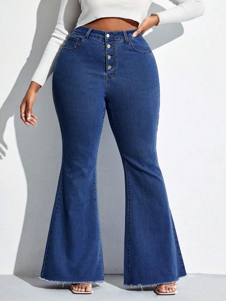 Plus Button Fly Raw Hem Flare Leg Jeans