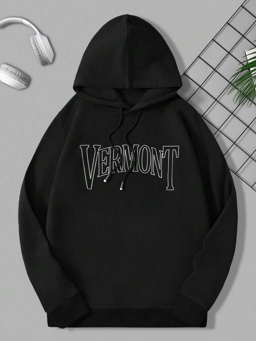 RueChic Men Letter Graphic Drawstring Hoodie - Black - View 1