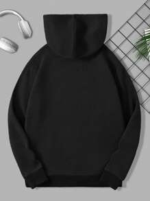 RueChic Men Letter Graphic Drawstring Hoodie - Black - View 2