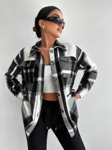 EURMUSE 格紋印花落肩袖翻蓋口袋襯衫 - 黑與白 - 查看 1