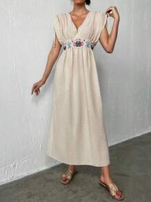 RueChic Embroidery Detail Drawstring Shoulder Split Hem Dress - Apricot - View 1