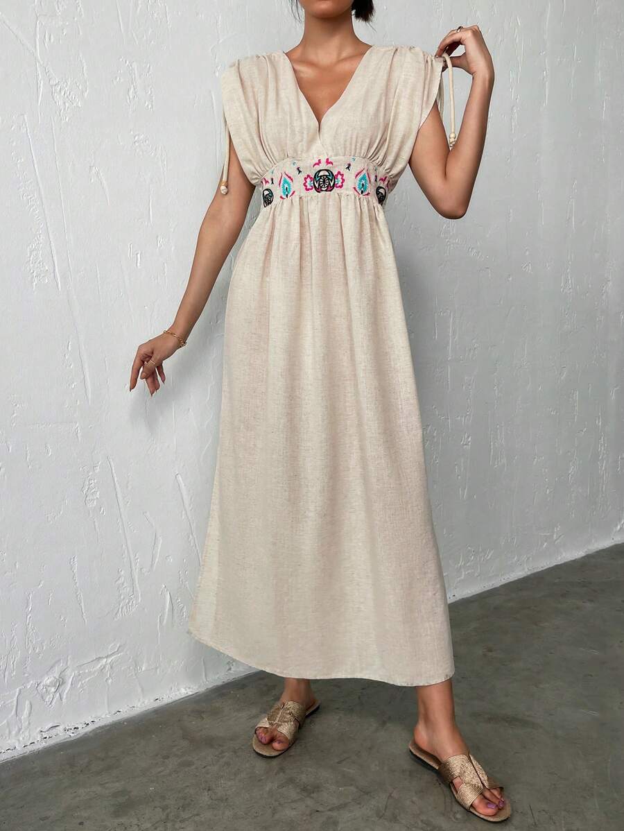 RueChic Embroidery Detail Drawstring Shoulder Split Hem Dress - Apricot - View 1