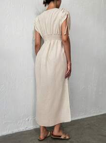 RueChic Embroidery Detail Drawstring Shoulder Split Hem Dress - Apricot - View 2