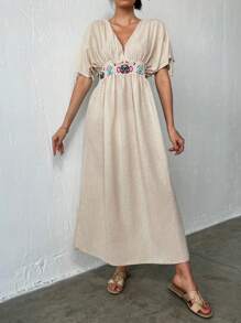 RueChic Embroidery Detail Drawstring Shoulder Split Hem Dress - Apricot - View 4