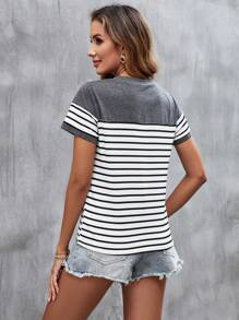 SHEIN LUNE Striped Print Round Neck Tee - Dark Grey - View 2
